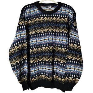 VTG Atlas Mens Blue Geometric Nordic Fair Isle Knit Crewneck Pullover Sweater XL